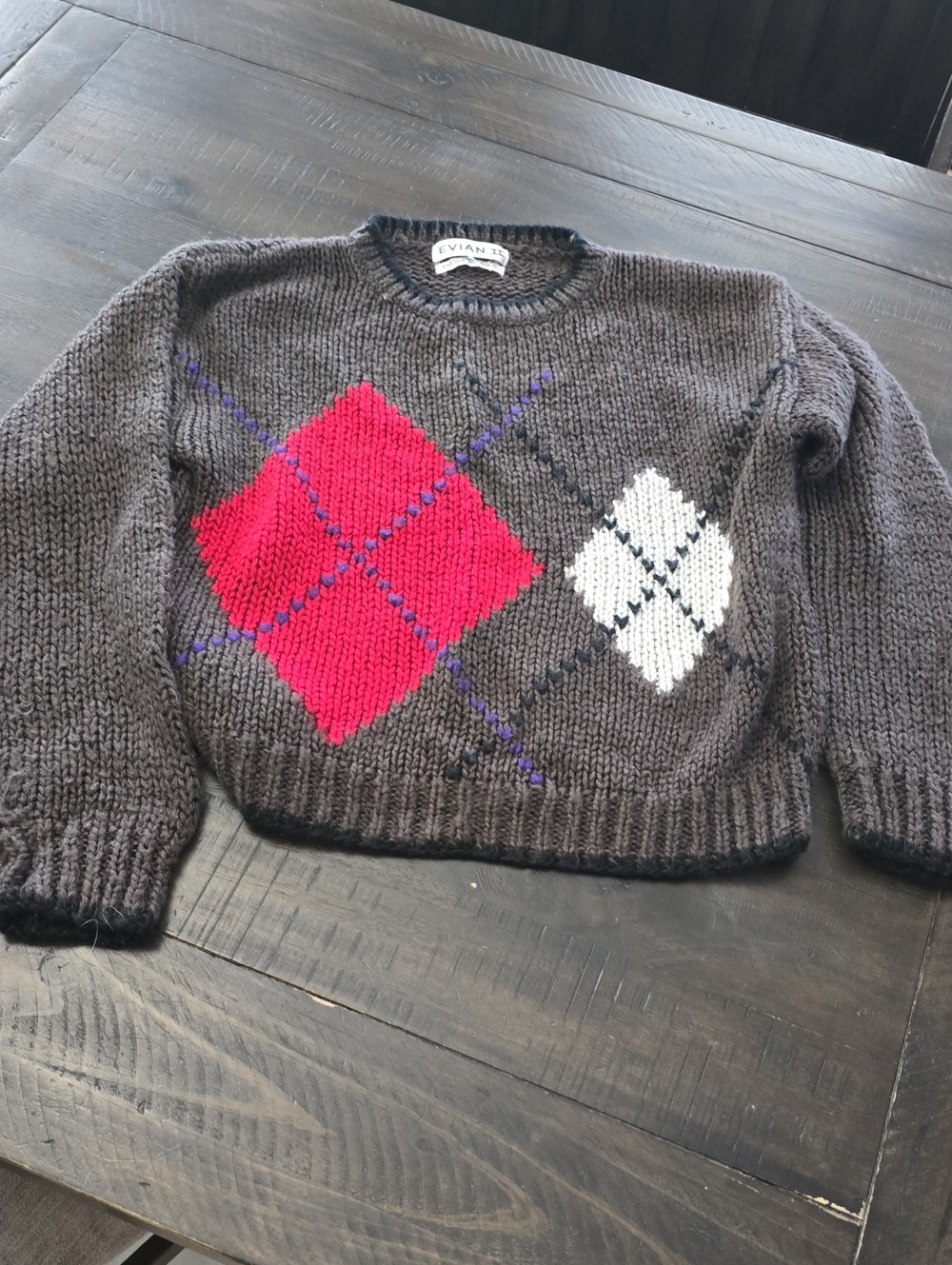 Evian II Hand Knit Sweater. Argyle Print. Brown. Small By Measurement. Used.